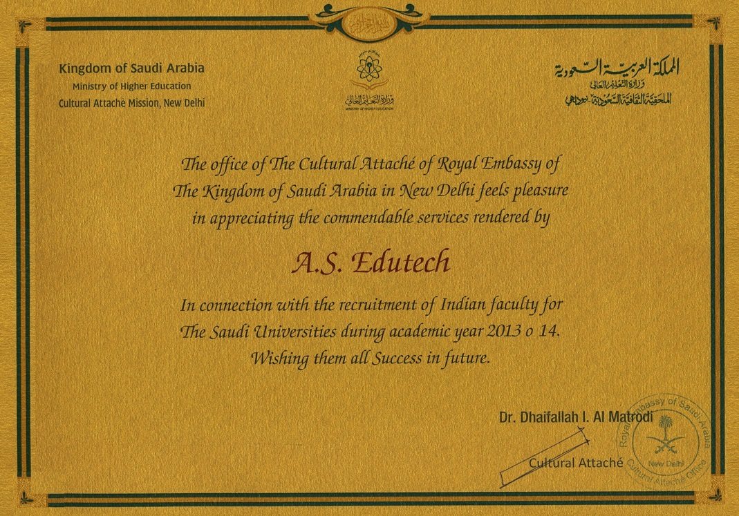 Royal Embassy of Saudi Arabia, New Delhi - Appreciation Letter (Cultural Attache)