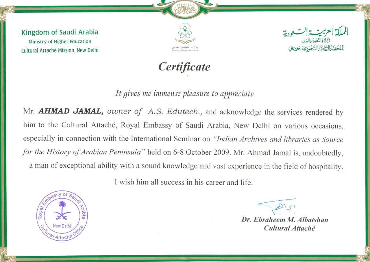 Cultural Attache Mission, New Delhi - Certificate of Appreciation